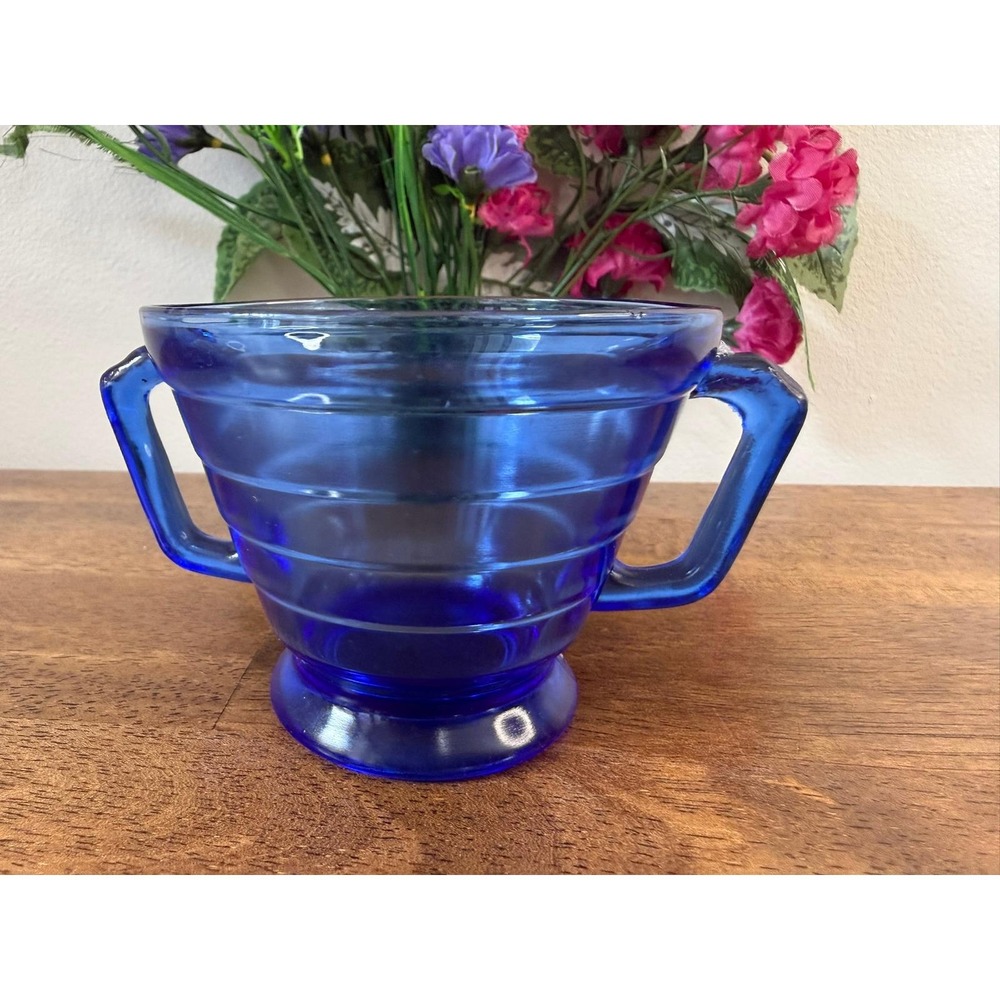 E  Vintage Hazel Atlas Moderntone Cobalt Blue Open Sugar Bowl Depression Glass